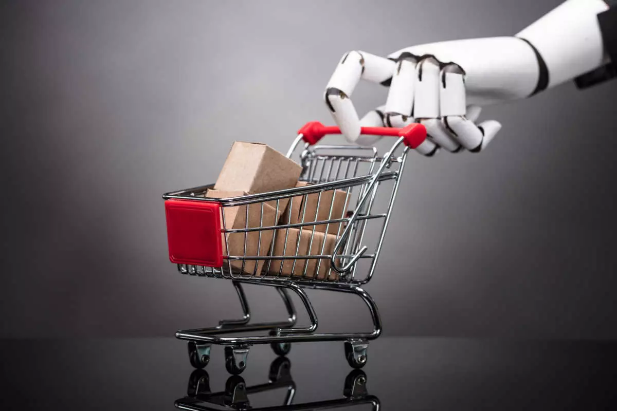 AI arm pushing mini shopping cart