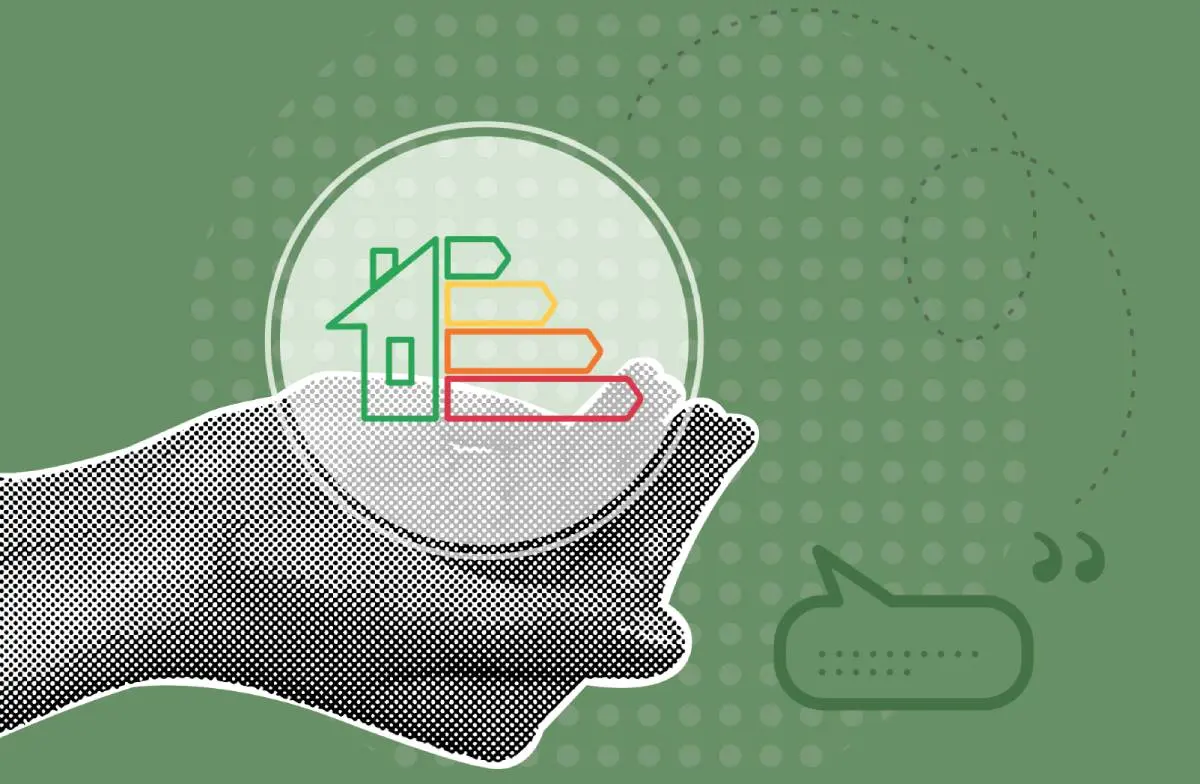 a hand holding an image of a home with a green, yellow, orange, and red arrow showcasing HVAC efficiency ratings in a collage style