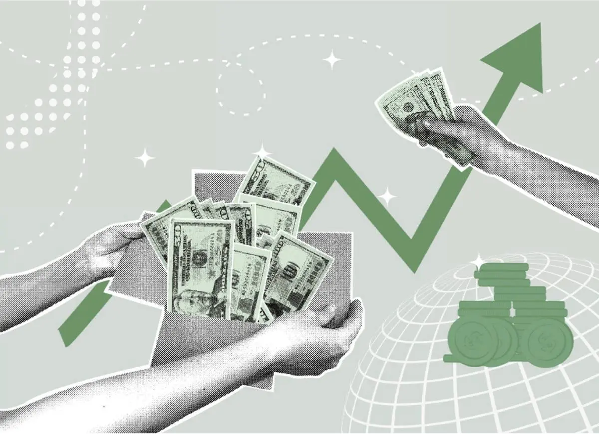 hands holding open a cardboard box with money sticking out of it as a homeowner with questions about HVAC financing grabs a stack of cash with an upwards arrow behind in collage style