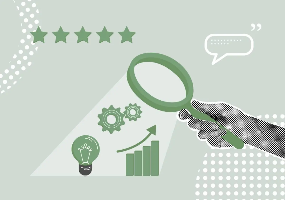 a hand holding magnifying on gears turning, a lightbulb, an increasing chart, and other HVAC industry trends in a collage style