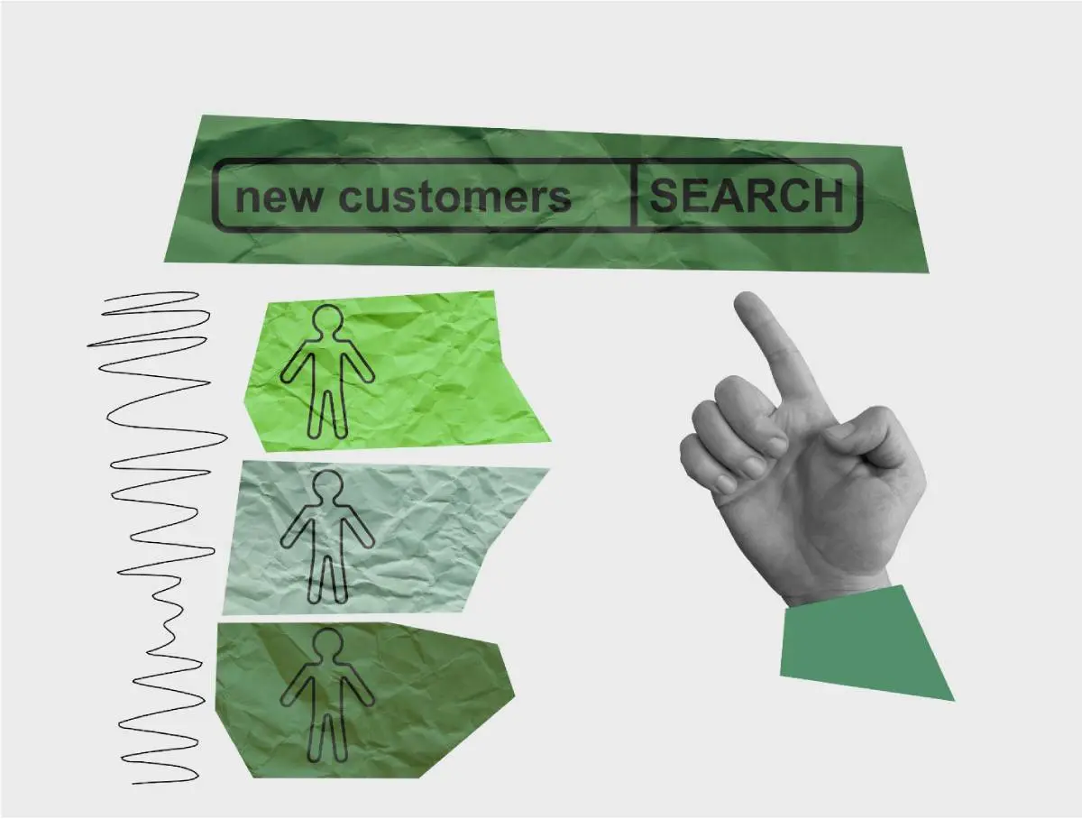 collage style of a hand pointing to a crumpled up pieces of paper that says "new customers search" with three crumpled pieces of paper underneath representing new clients through HVAC lead generation