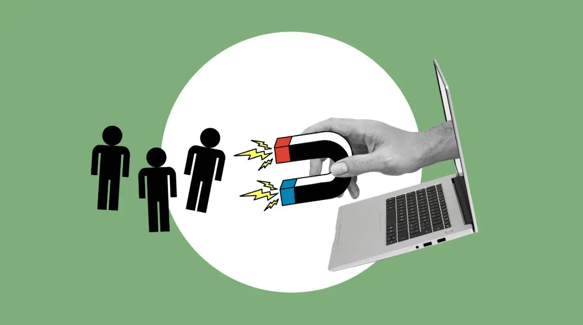 a laptop with a hand sticking out of it holding a magnet and attracting three human figures representing HVAC lead generation
