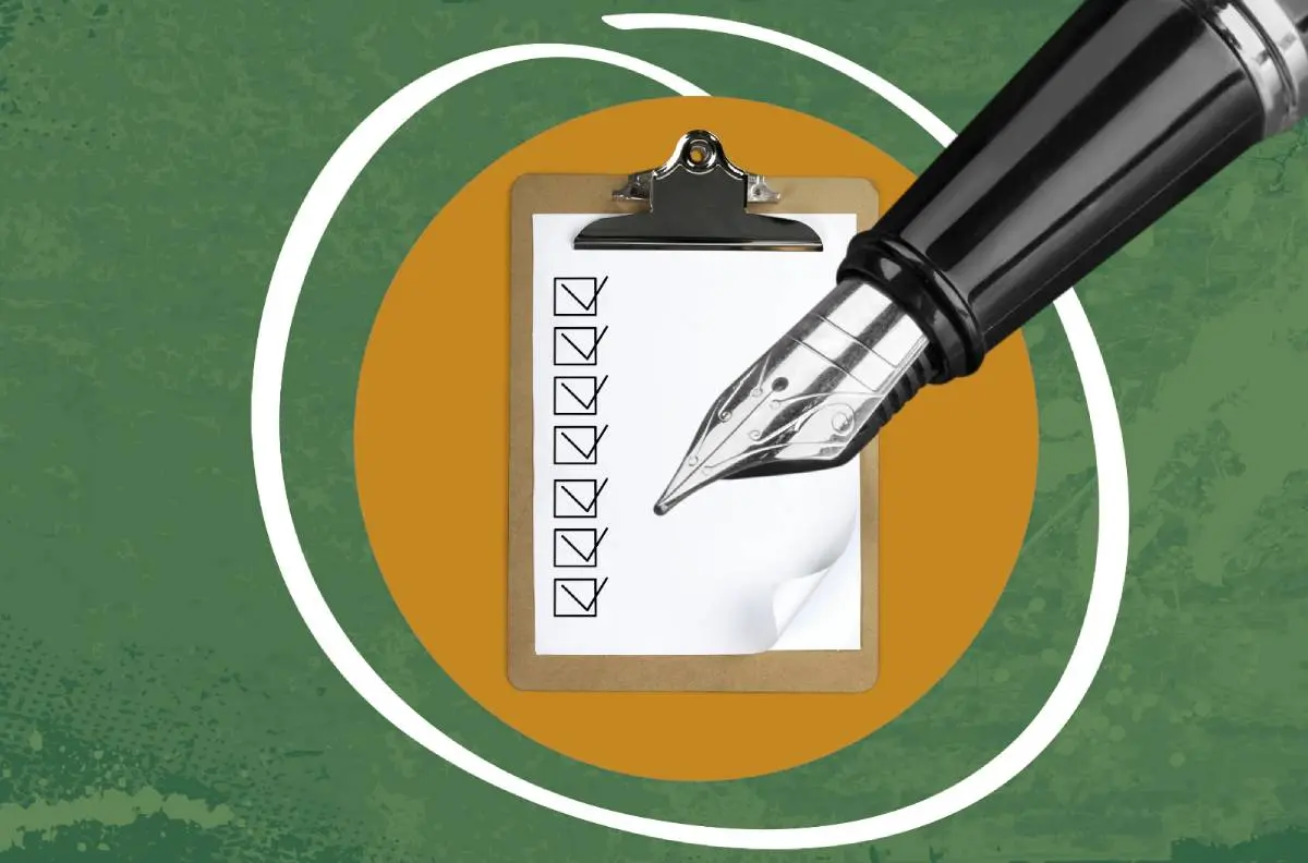 a checklist on a clipboard with a large ink pen as a collage style of HVAC licensing and certifications checklist