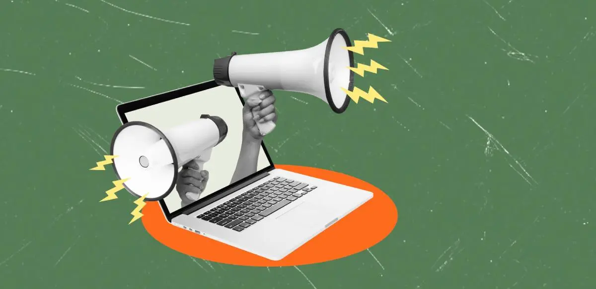 two hands holding two megaphones as a form of HVAC marketing, popping out of a laptop screen in a collage style