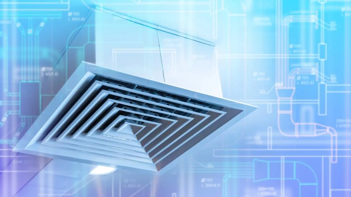 a ceiling vent surrounded by an illustrative blueprint of an energy-efficient HVAC system