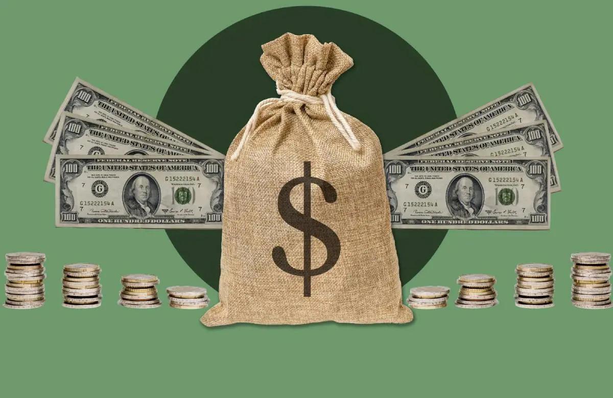 hundred dollar bills, stacks of coins, and a bag of money as a collage style of HVAC technician salaries