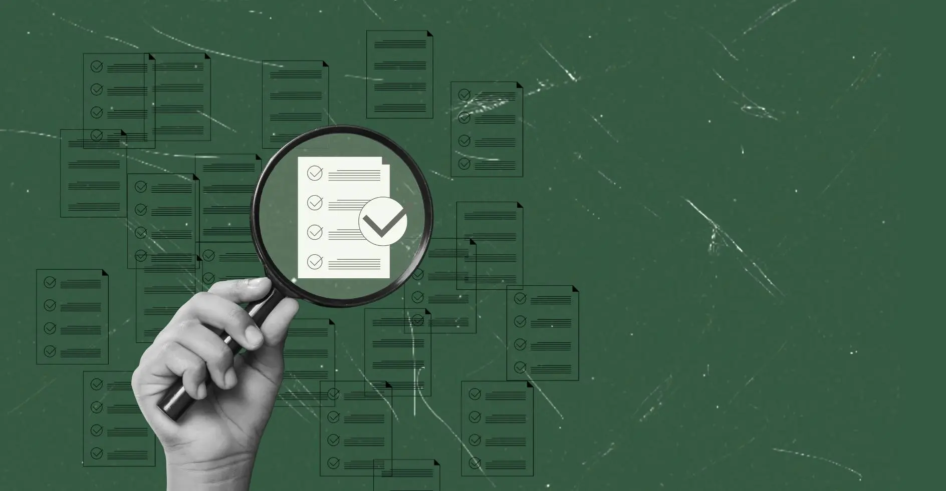 a checklist for how to check if a contractor is licensed and insured under a magnifying glass being held up by a hand in collage style with a green background
