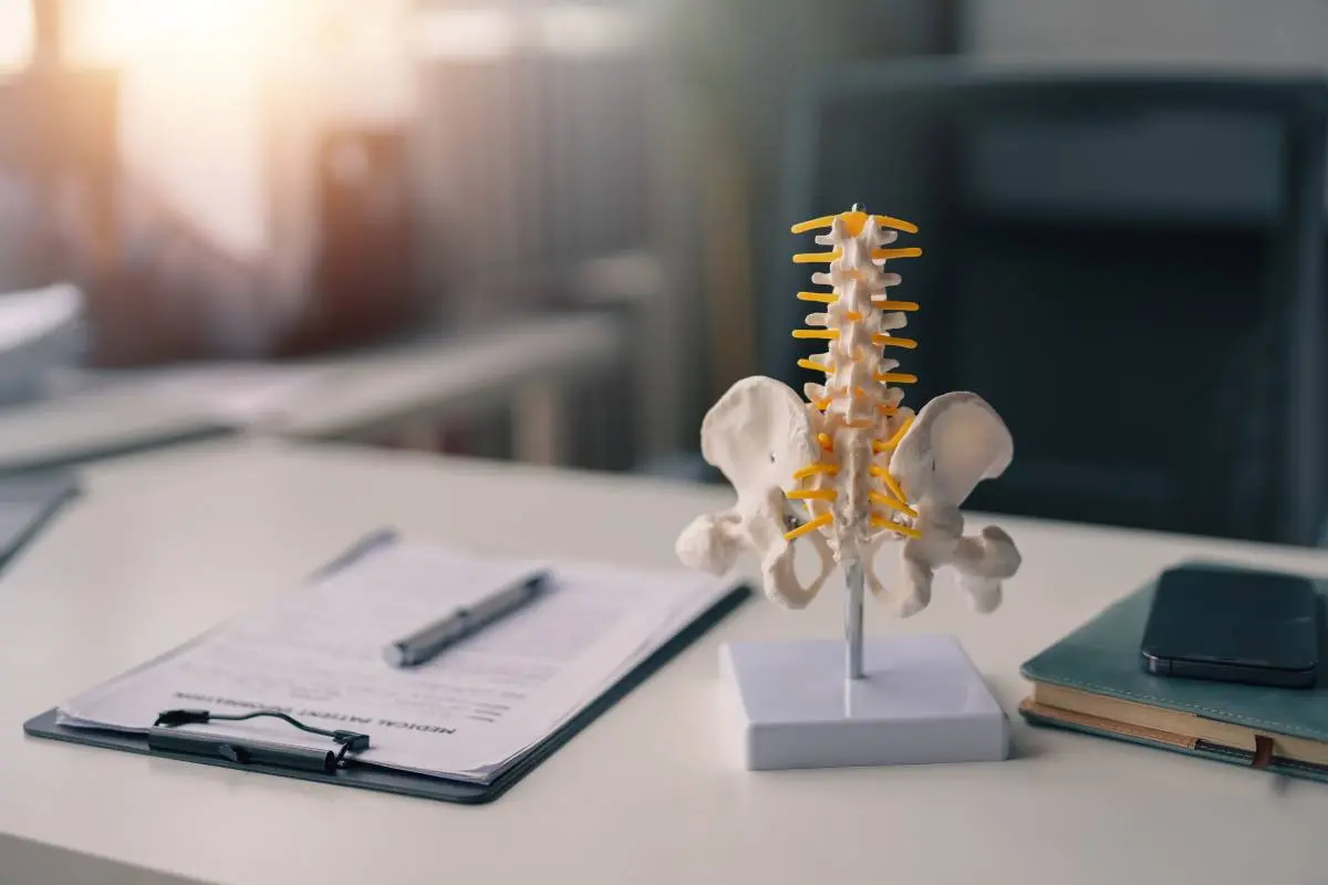a desk at a chiropractor's office with an intake form and model of a human spine