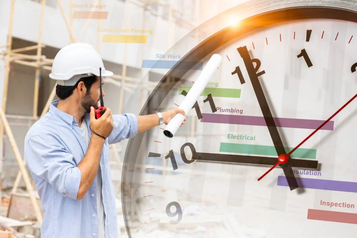 a contractor in a white hardhat speaking into a red walkie talkie and pointing at an oversized clock the the project timeline overlayed in it