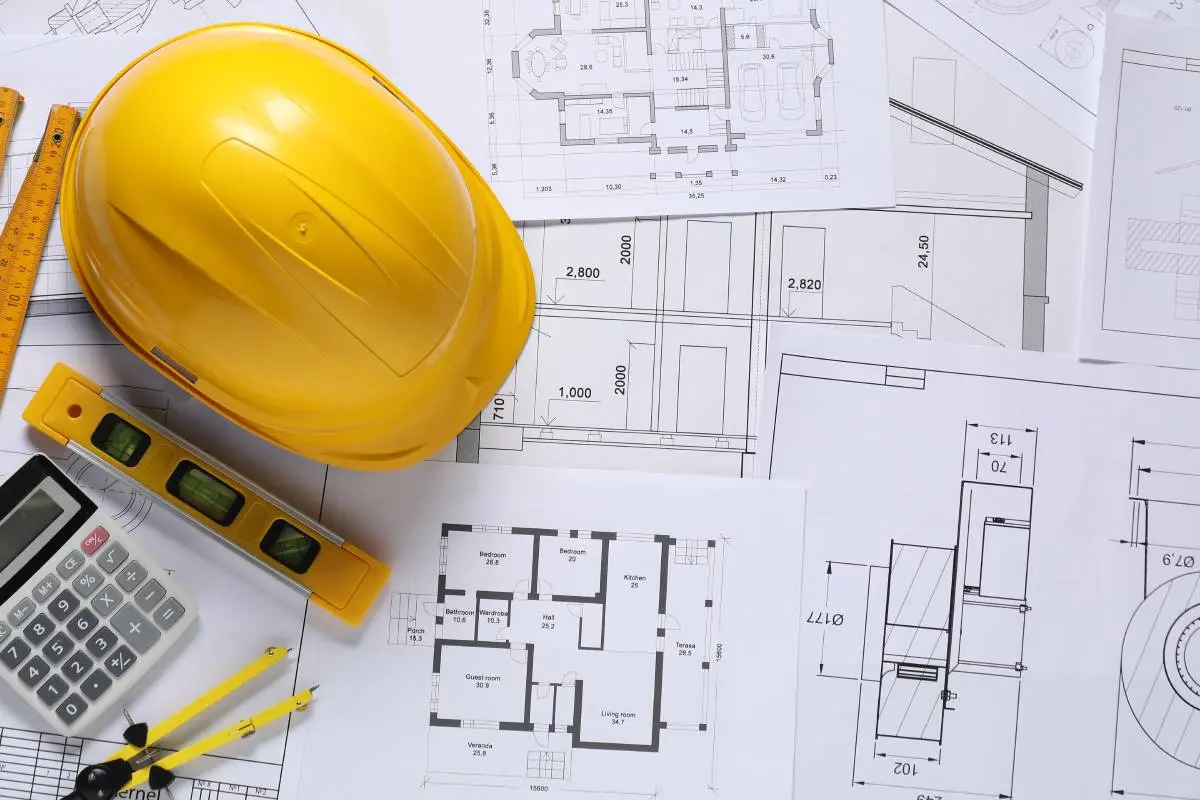 contractor blueprints spread out across a table with a hardhat, calculator, tape measure, and level on top