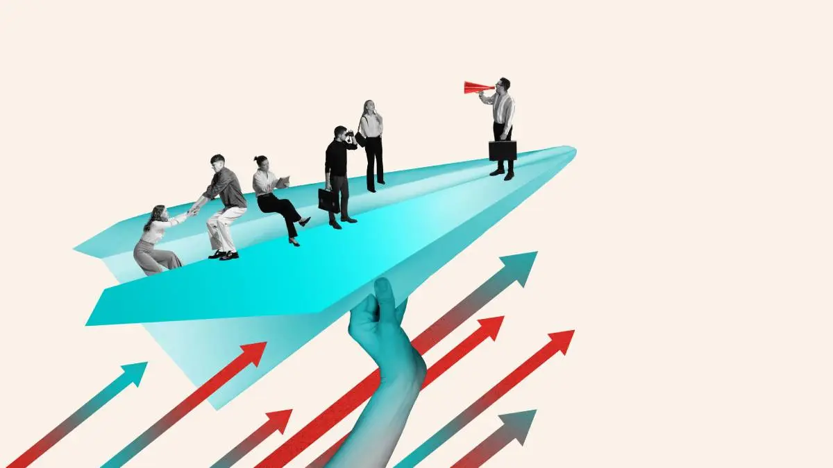 a businessman holding a briefcase and shouting into a megaphone at his staff flying on a paper airplane to avoid miscommunication