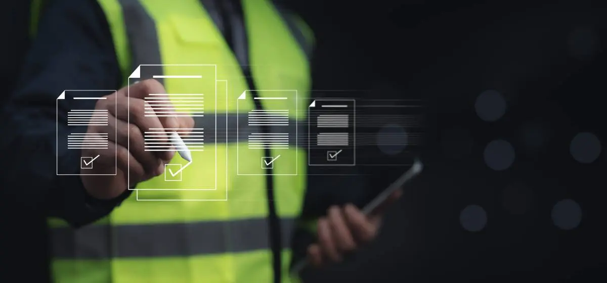 a contractor in a yellow safety vest checking off an item in their digital contractor compliance management software