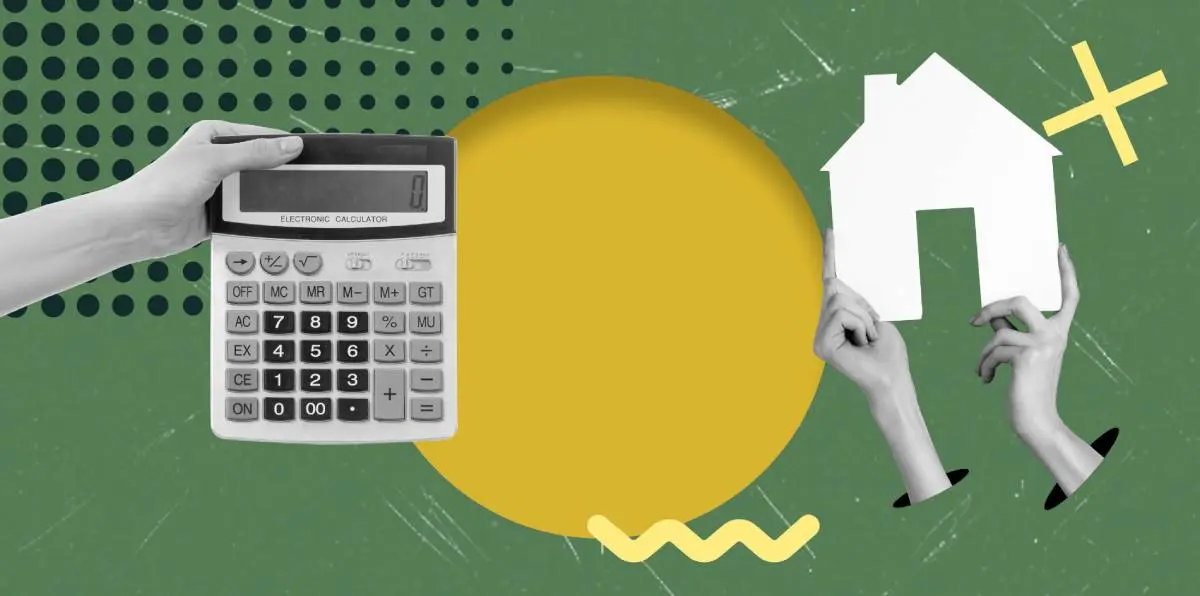 a hand holding up a paper house and another hand holding up a calculator as a collage style of a contractor explaining an estimate to a homeowner