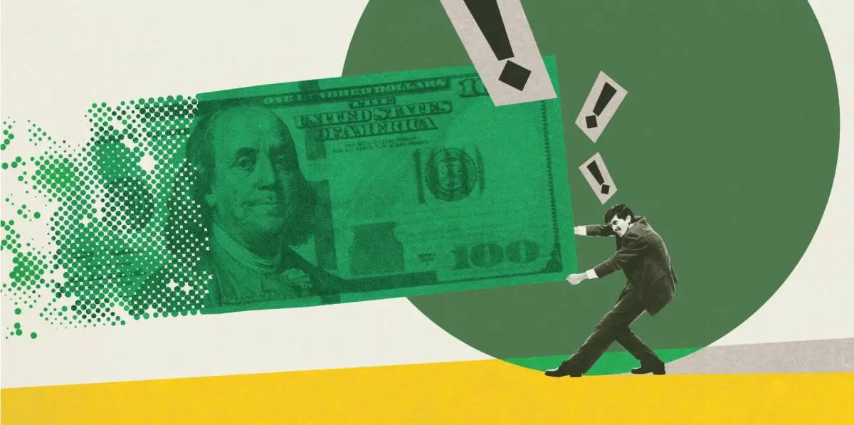 a man in a suit dragging a disappearing one hundred dollar bill with exclamation marks in the background as he deals with contractor financing objections from homeowners in a collage style