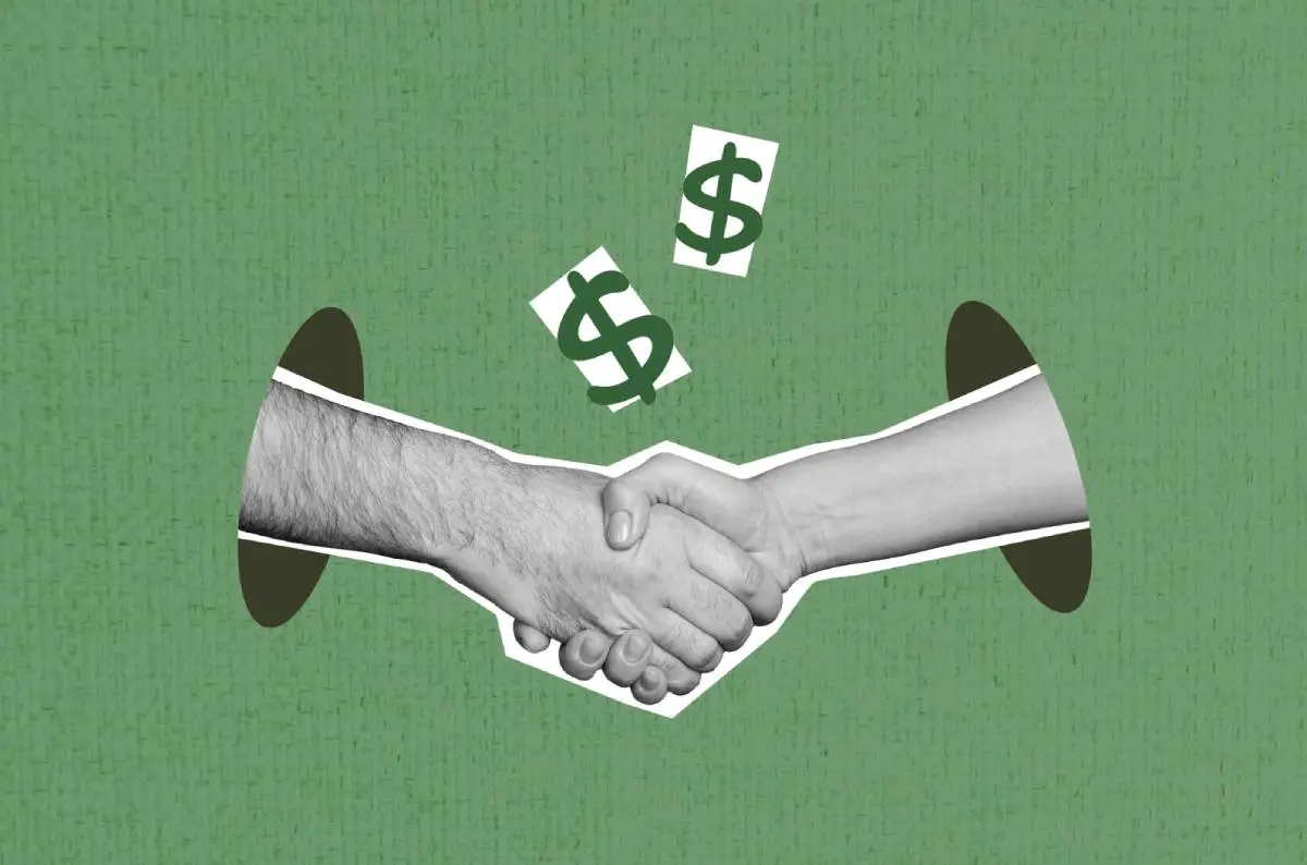 two hands shaking with dollar sign on top of them in a collage style of a contractor first impression