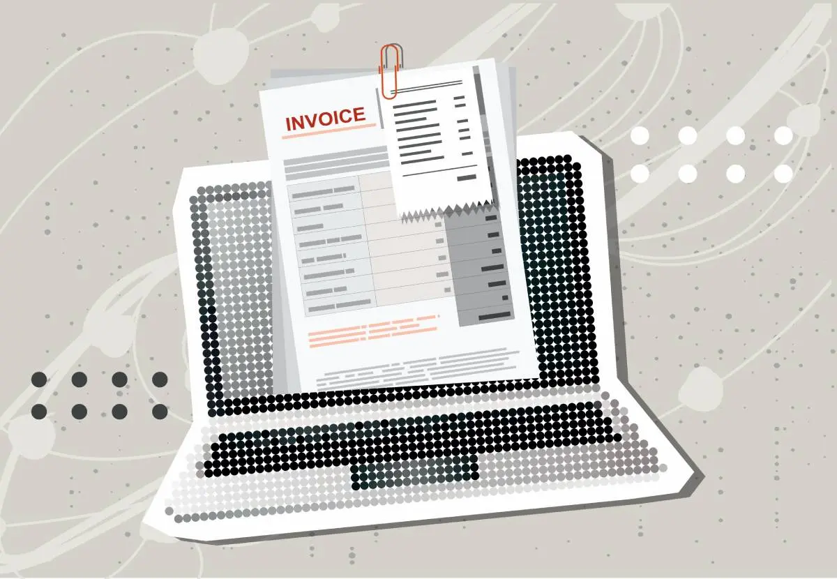 a collage of a contractor's overdue invoice on top of a laptop against a gray background 
