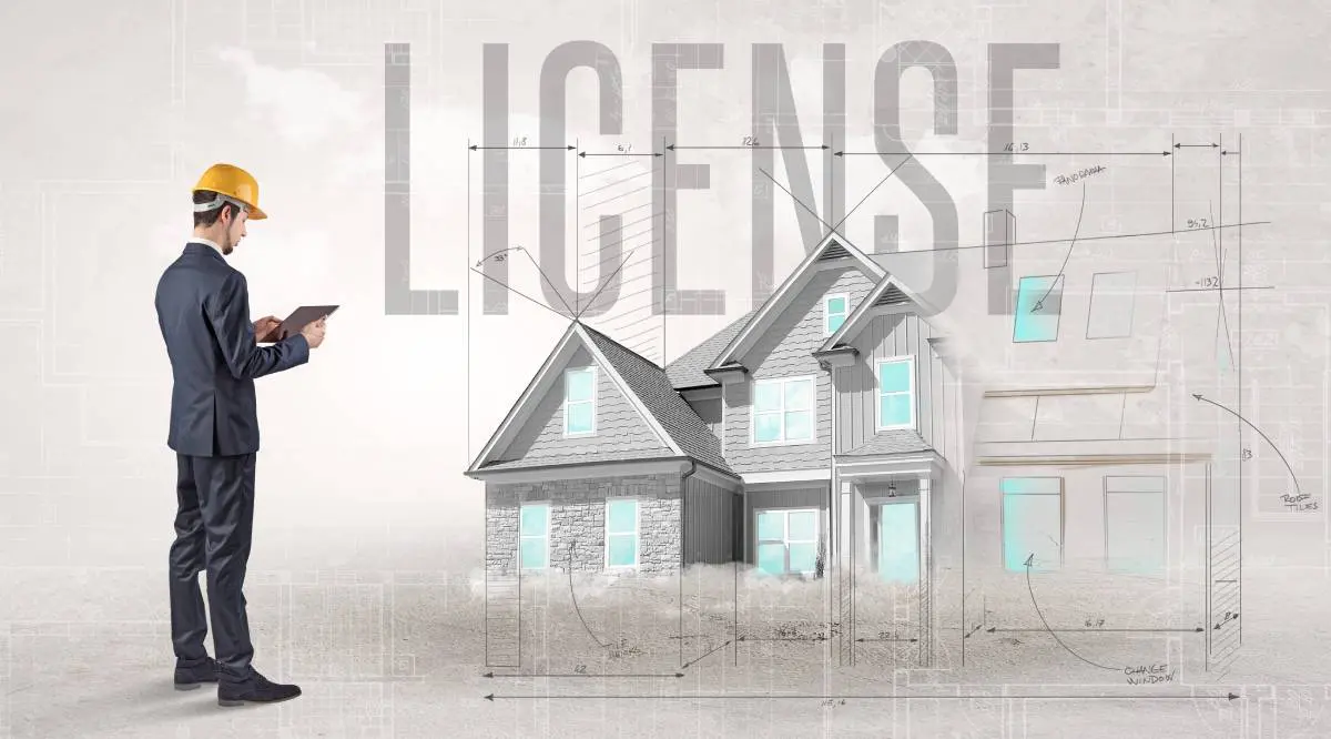 a man wearing a suit and a hardhat standing in from of a building blueprint with the word license appearing in the background