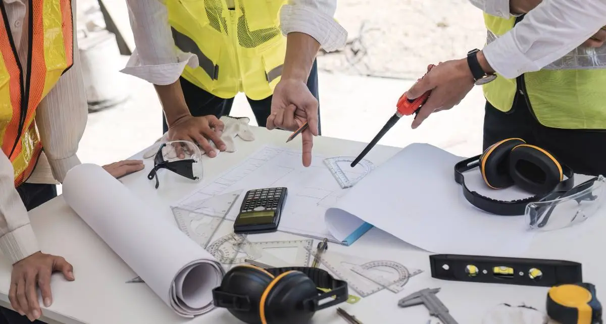 a team of a contractor and subcontractors having a meeting on a job site over plans, calculators, rulers, and other other contractor tools
