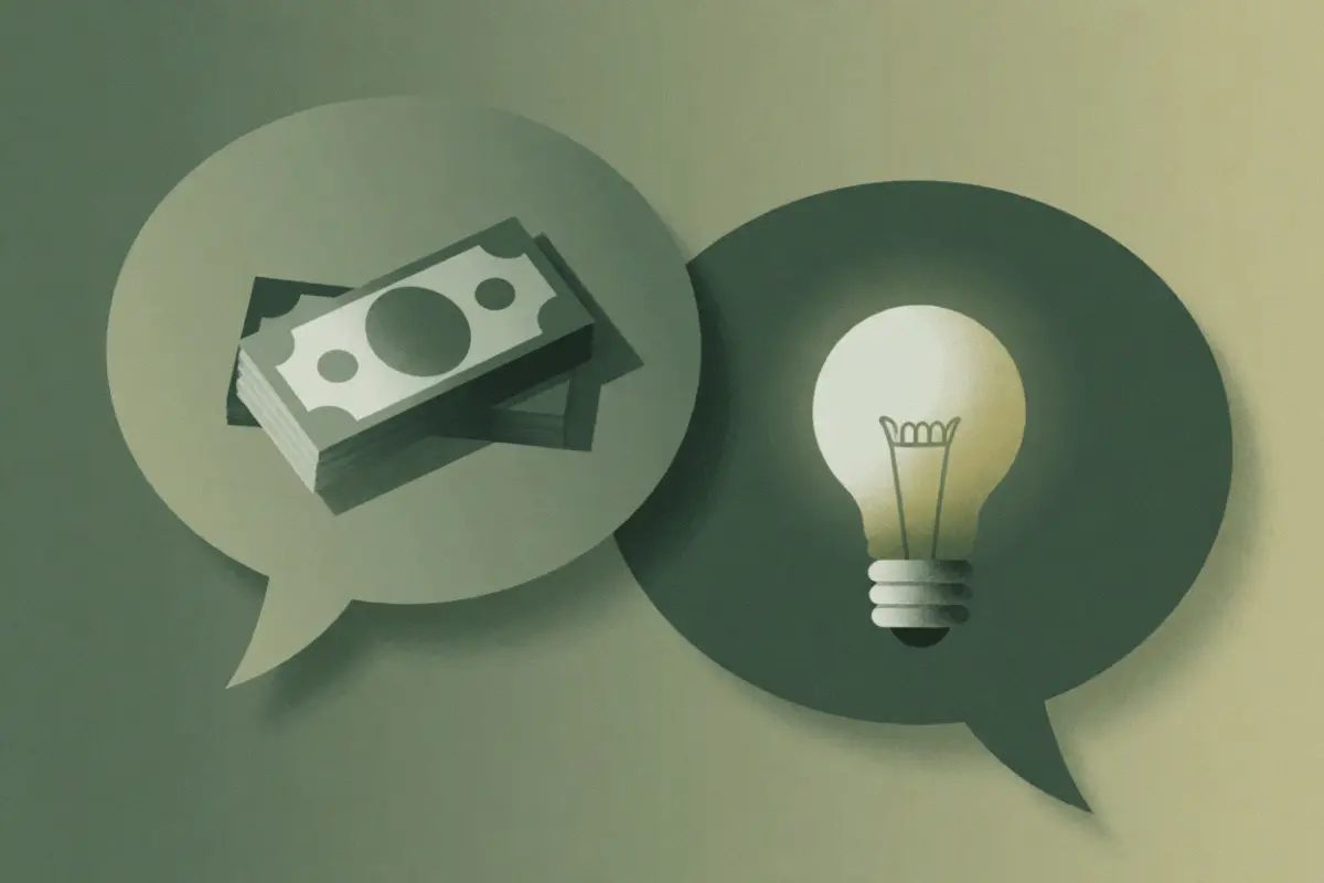 dollar and light bulb in dialogue bubbles as contractor closes a sale with a price shopper
