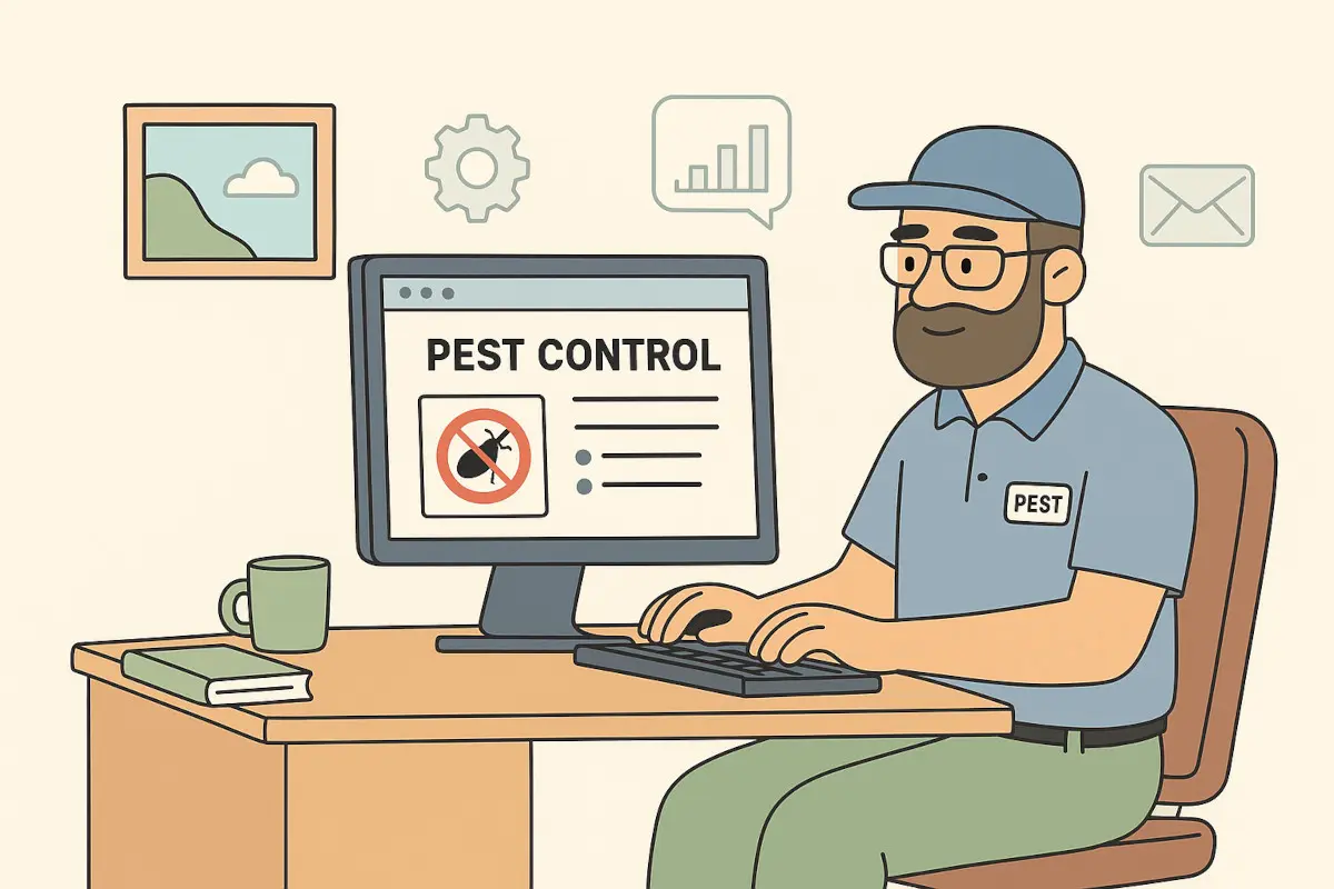 Pest control worker building up his website