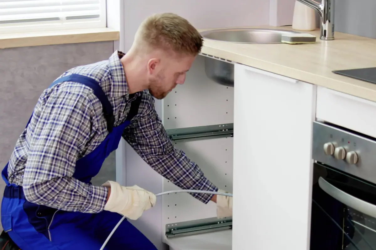 Plumber unclogging a drain with their plumbing tools.