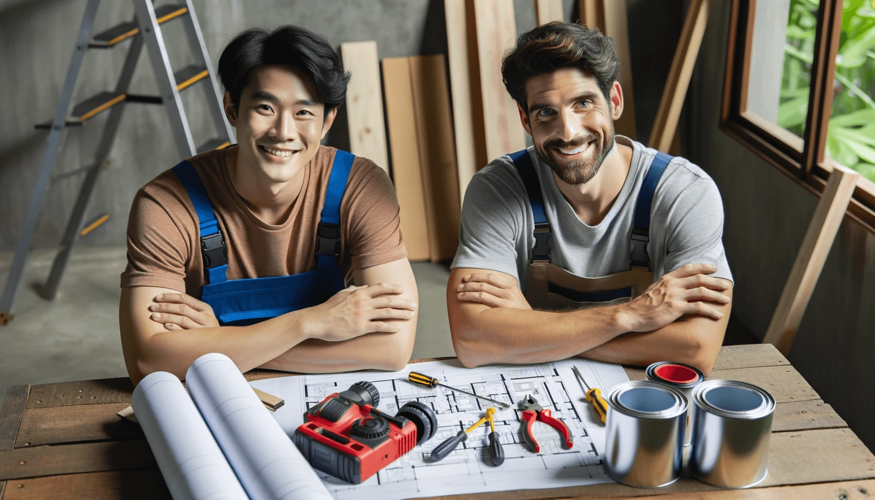 Graphic of two smiling contractors sitting near blueprints and tools