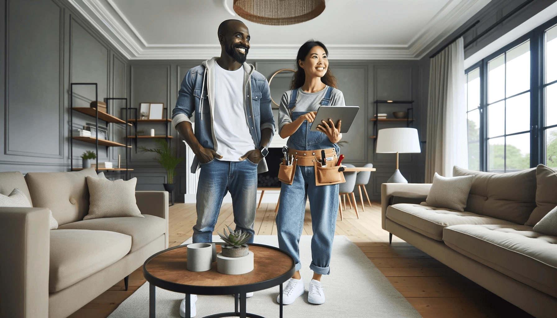 Graphic of smiling contractor and homeowner standing in completed living room 