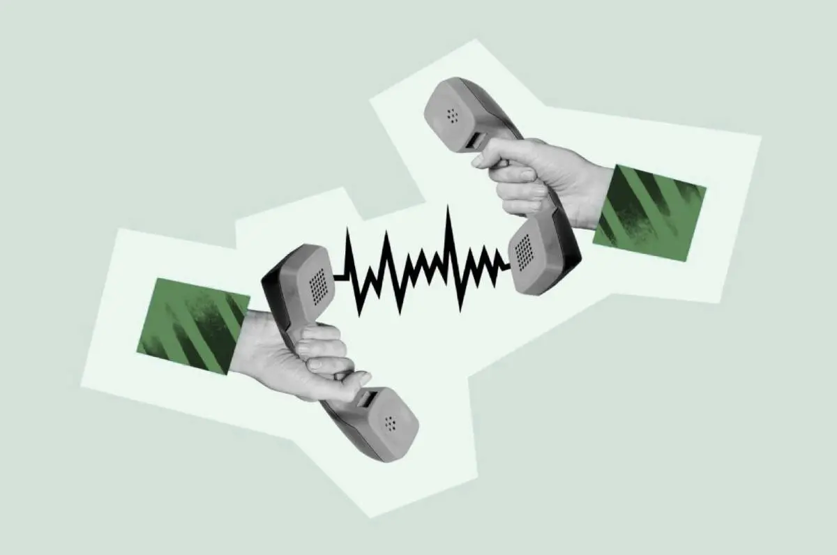 two hands holding two telephones connected with a squiggly line as a collage style of a financing sales call
