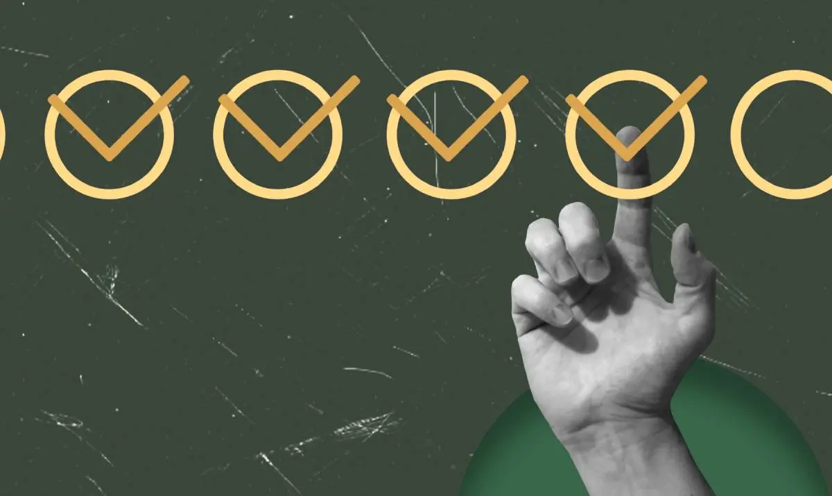 orange checkmarks in yellow circles for verifying if a home services contractor is licensed and insured with a hand pointing to them in collage style with a green background
