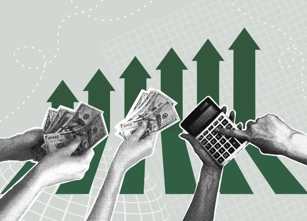 Hands holding cash and a calculator against rising green arrows representing business growth when learning how to value a heating and air conditioning business