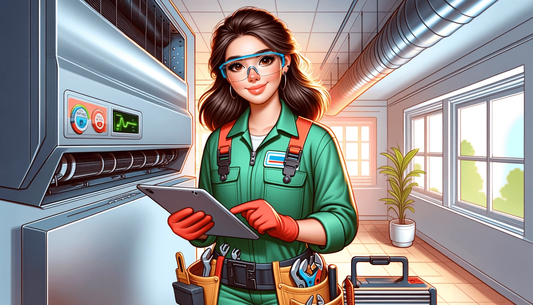illustration showcases a young Hispanic female technician in a green uniform, working on a heating system in an office environment.