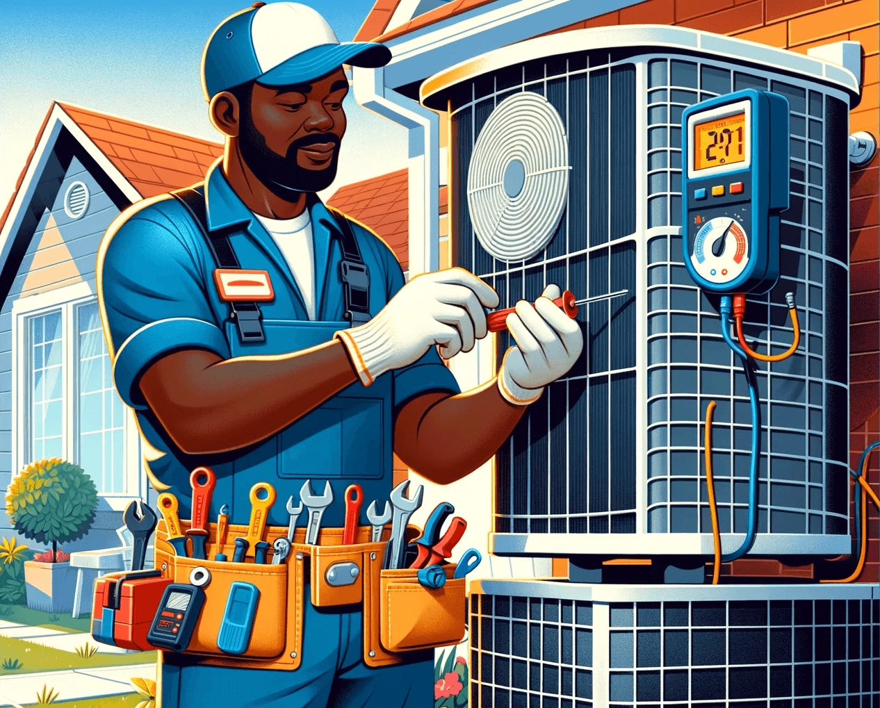 an animated, colorful illustration that depicts a middle-aged Black male technician in a blue uniform, working on an air conditioning unit in a residential setting.