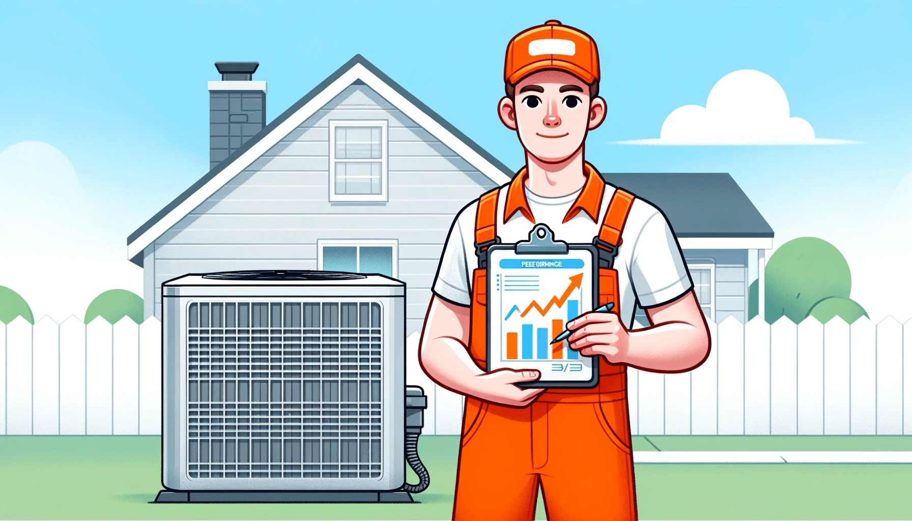 graphic featuring a White male HVAC technician with a clipboard that has performance graphs with upward trends.