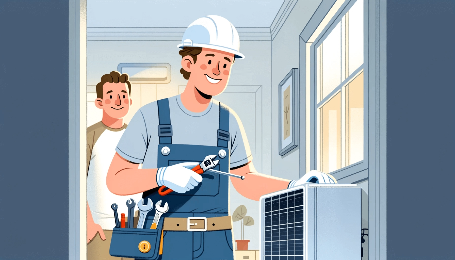 Graphic of a smiling HVAC contractor working on an indoor unit with a smiling homeowner standing beside him