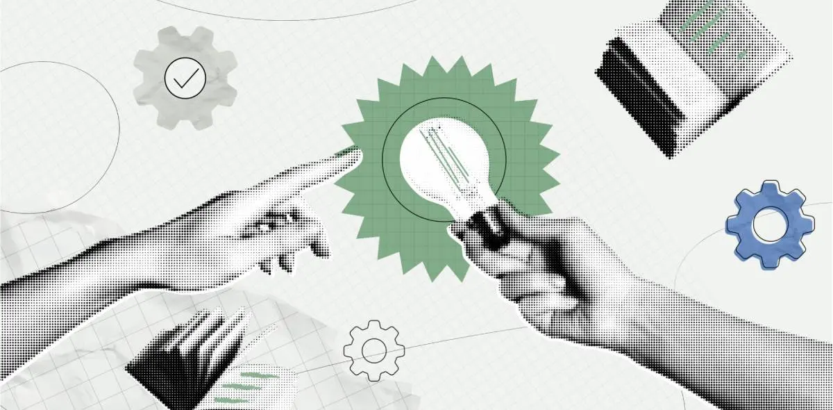 gear symbols, open books, and a hand holding a lightbulb for ideas and trends found at HVAC conferences in a grey and green collage