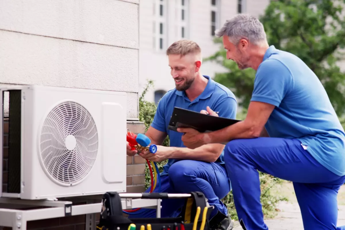Two contractors installing hvac system