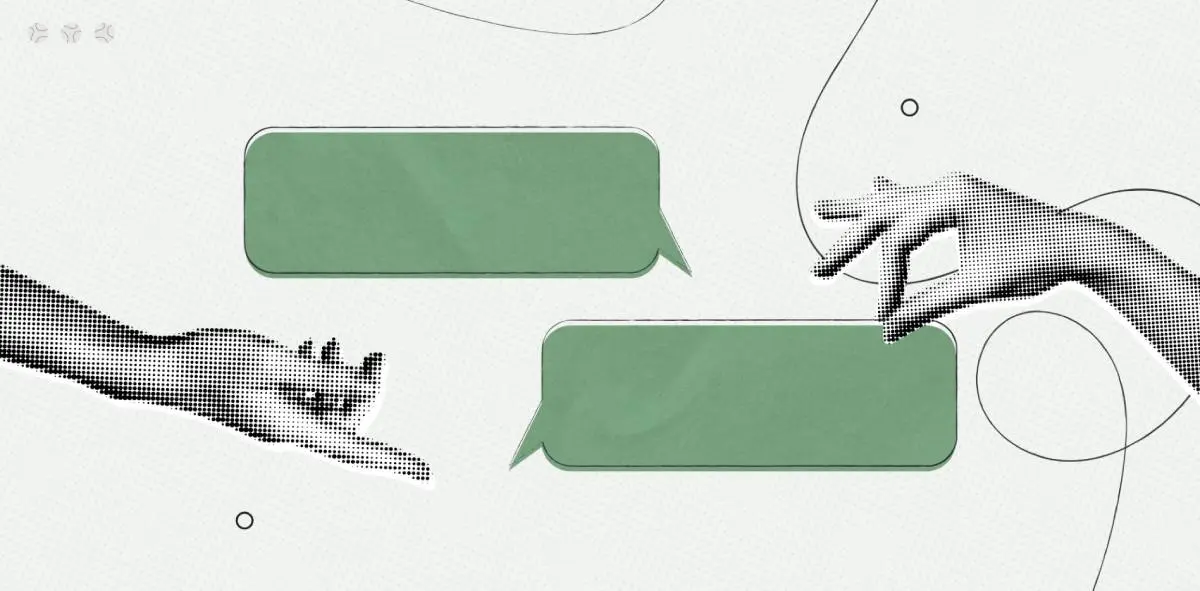 one hand pointing towards a dialogue bubble as another hand holds a dialogue bubble as contractors close with HVAC sales tips