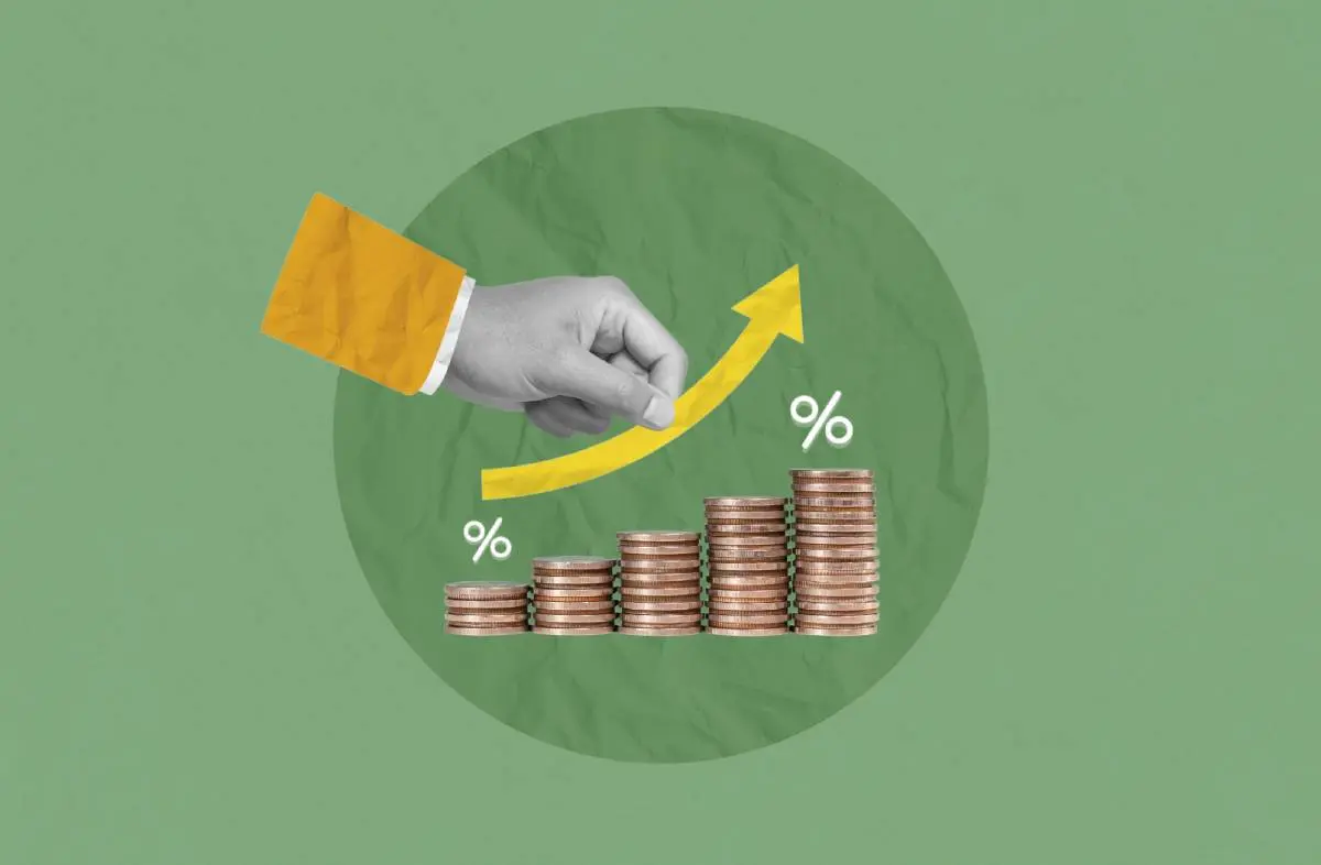 a hand placing an upwards arrow above a chart of increasing coins with percentage signs as HVAC sales increase