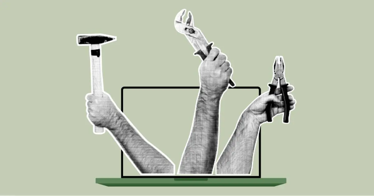 hands sticking out of laptop holding HVAC tools like pillars and hammer in a collage style
