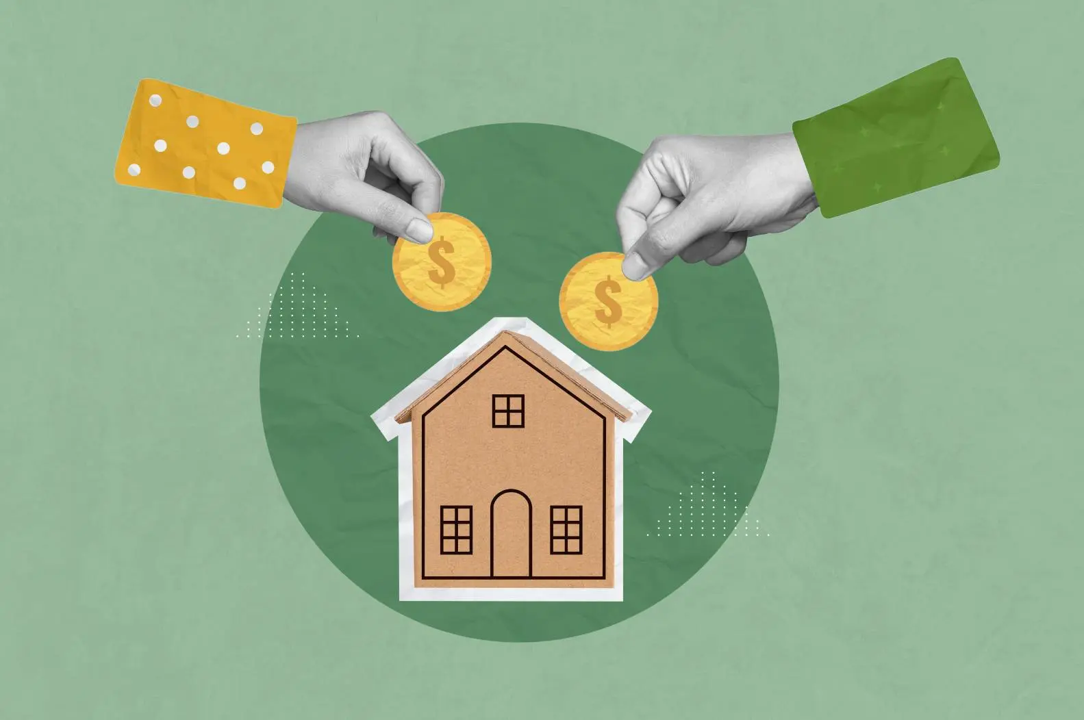 two hands holding two coins over a house in a collage format symbolizing HVAC contractor insurance