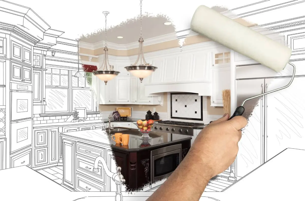 a sketch of a kitchen remodel with a hand holding a paint roller and bringing it to life