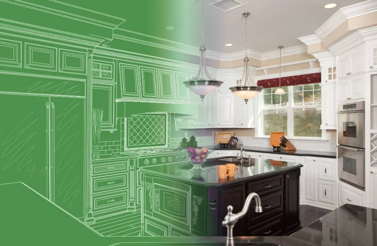 a kitchen remodeling project showcasing one side as the blueprint and the other side as the completed space