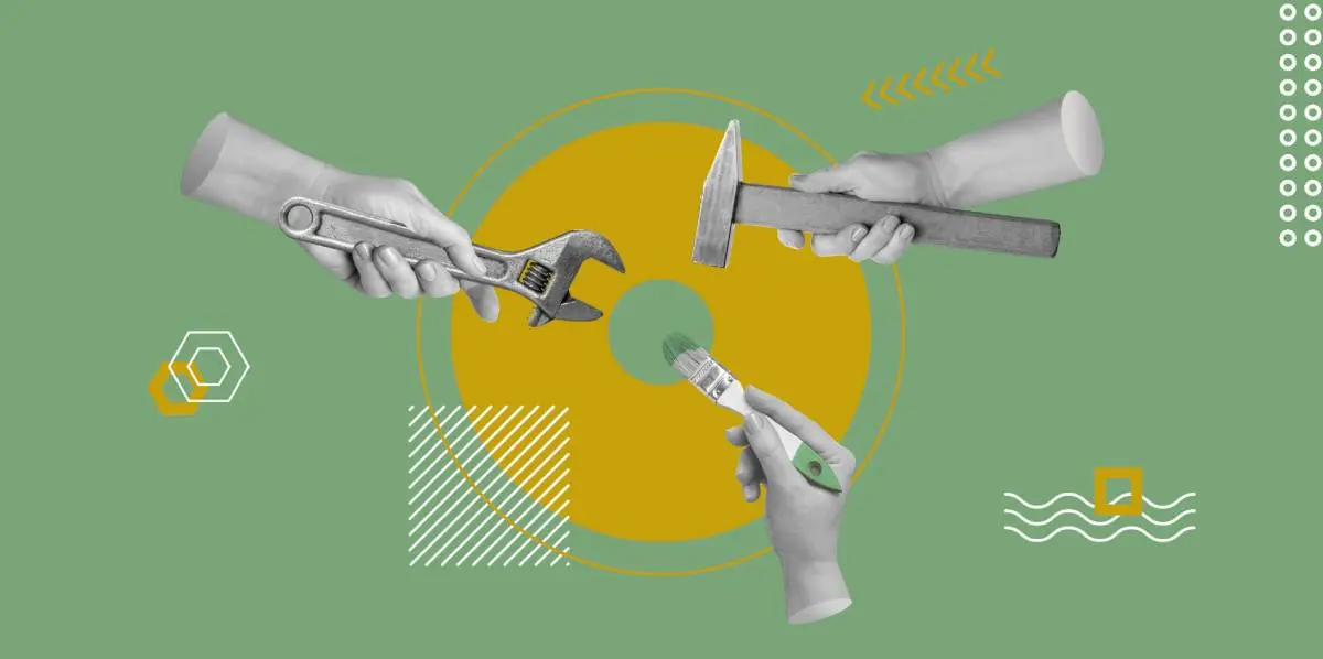 hands holding a hammer, wrench, and paintbrush as a collage style of a kitchen remodel marketing strategy