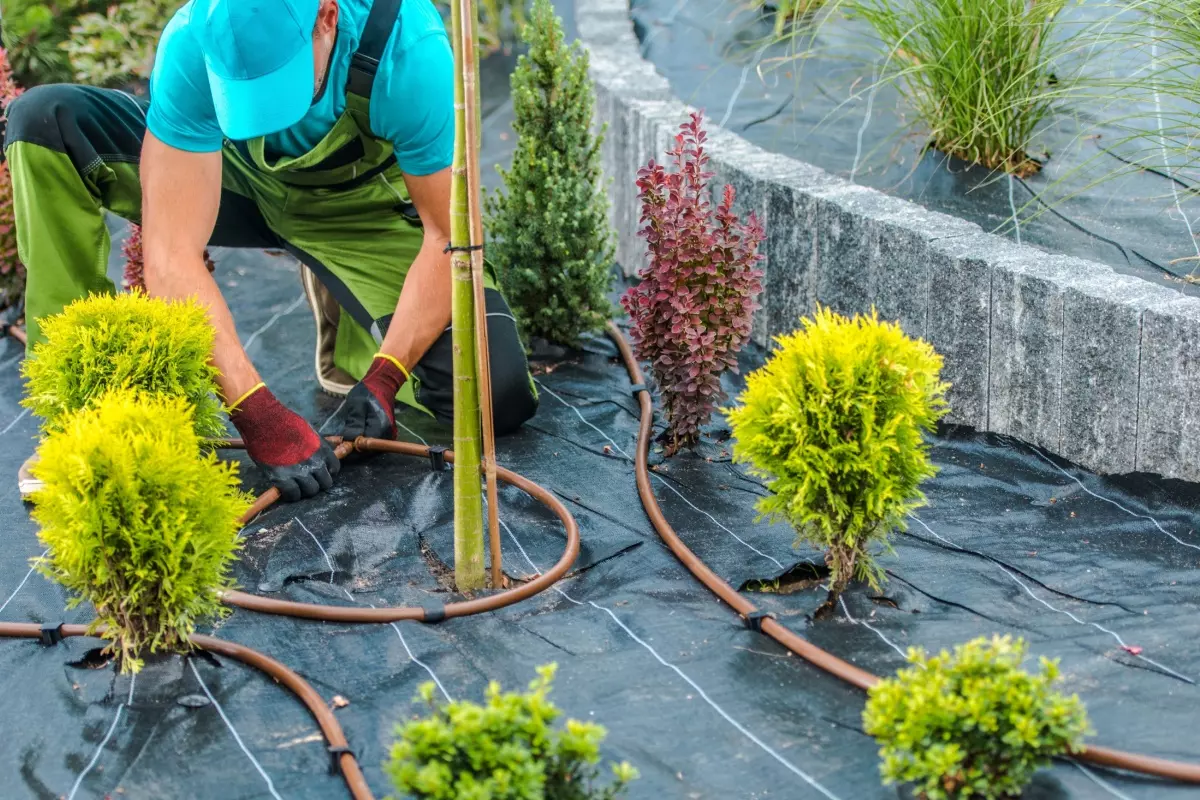 Experienced landscaper installing irrigation system