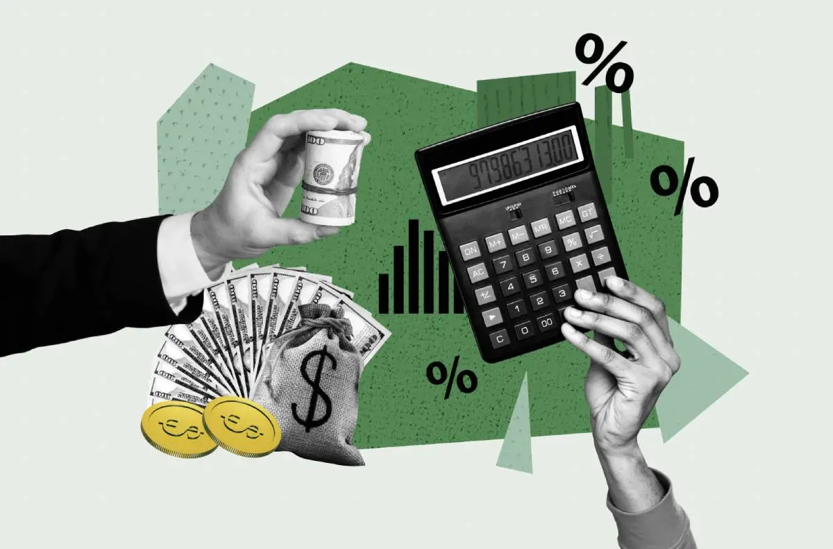 a hand holding a calculator, another hand holding a wad of cash, percentage signs, and a bag of cash as a collage style for lease-to-own financing for HVAC