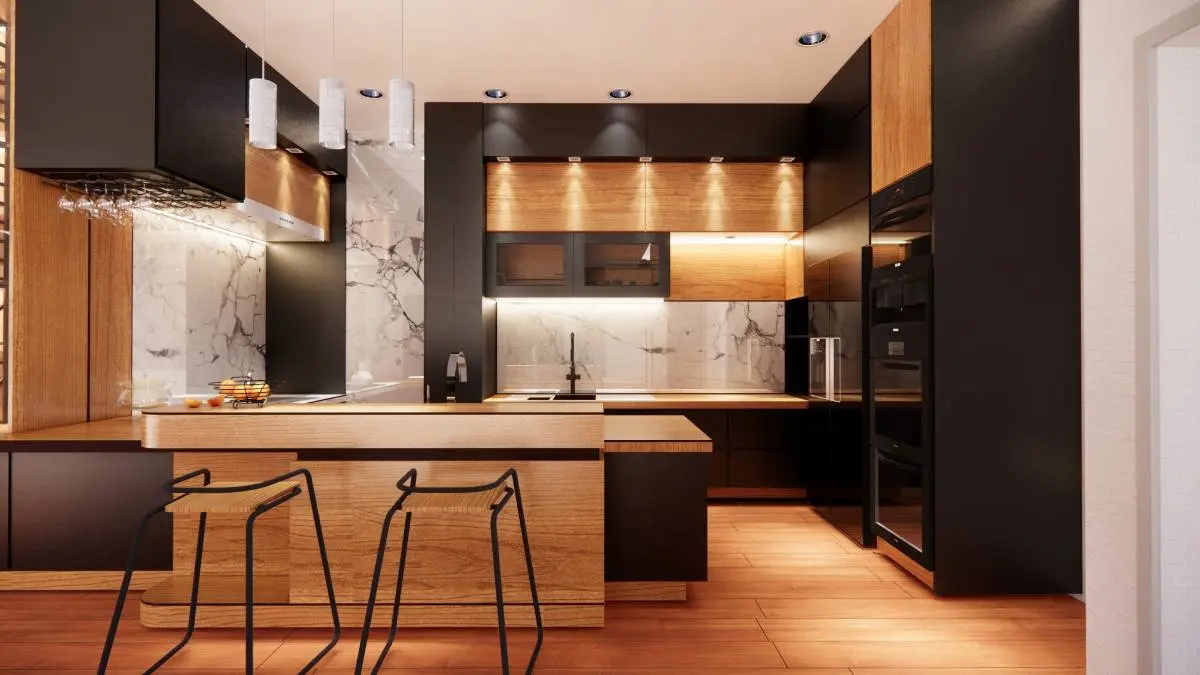 a modern kitchen with layered overhead lighting and statement lighting over an island