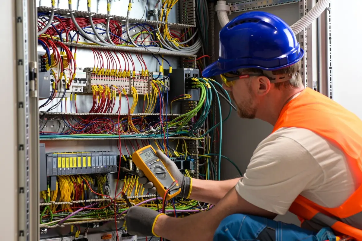 Electrician using a multimeter