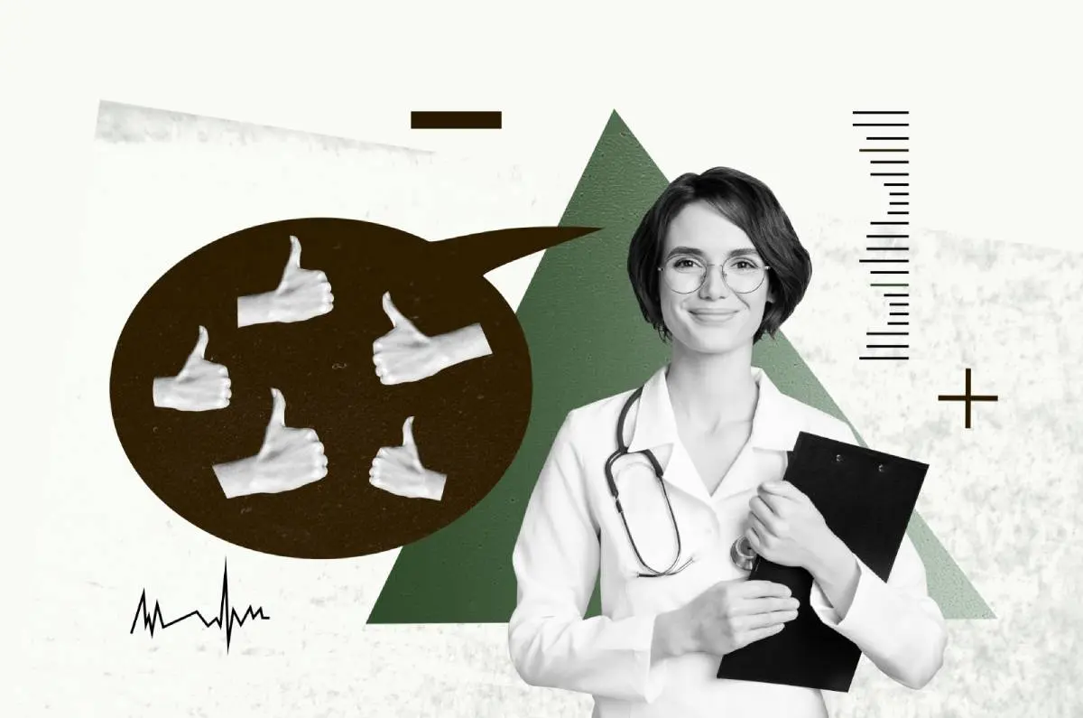 a female doctor smiling and holding a clipboard next to a dialogue bubble with five thumbs up after using patient journey mapping to optimize their operations 