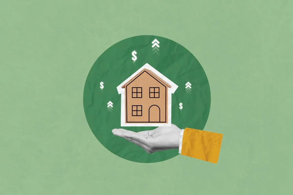 a hand holding a cardboard cutout of a house with dollar sign floating above it after turning price shoppers in clients with contractor tips in a collage style