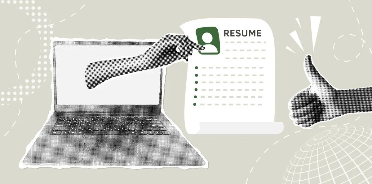 a hand reaching out of a laptop and holding a resume towards another hand giving a thumbs up for successfully recruiting HVAC technicians in collage style